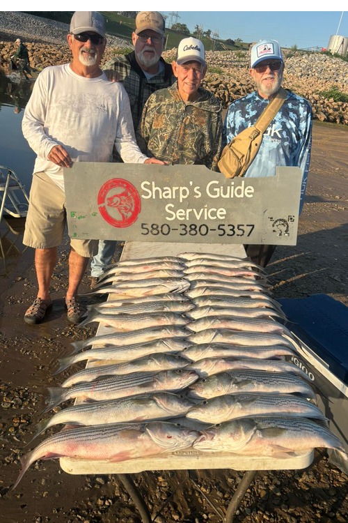 Family enjoying a guided striper fishing trip with Aaron Sharp on Lake Texoma