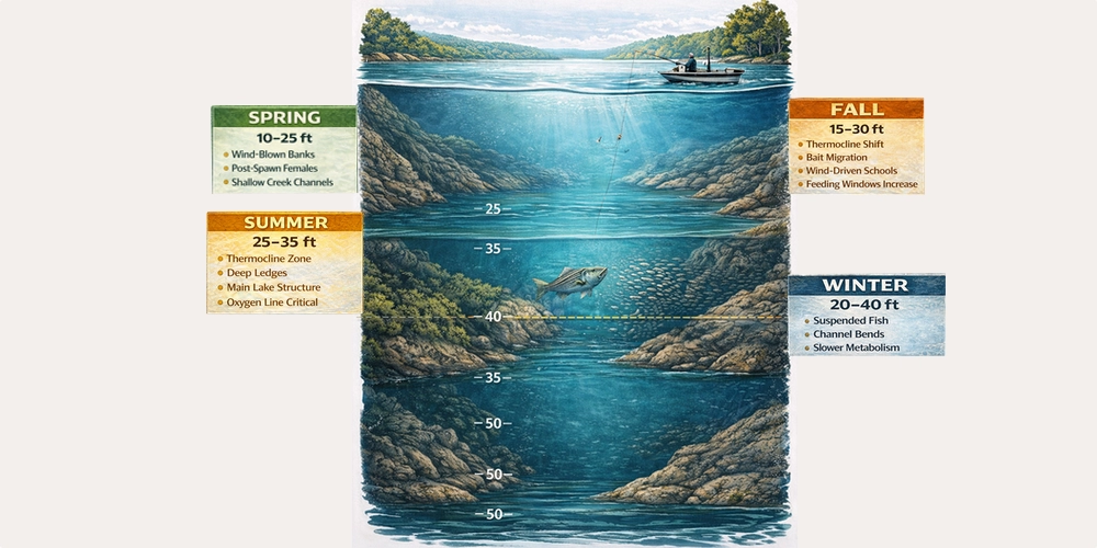 live-bait-manual-lake-texoma-1a Lake Texoma striper seasonal depth chart showing thermocline and live bait fishing depth ranges